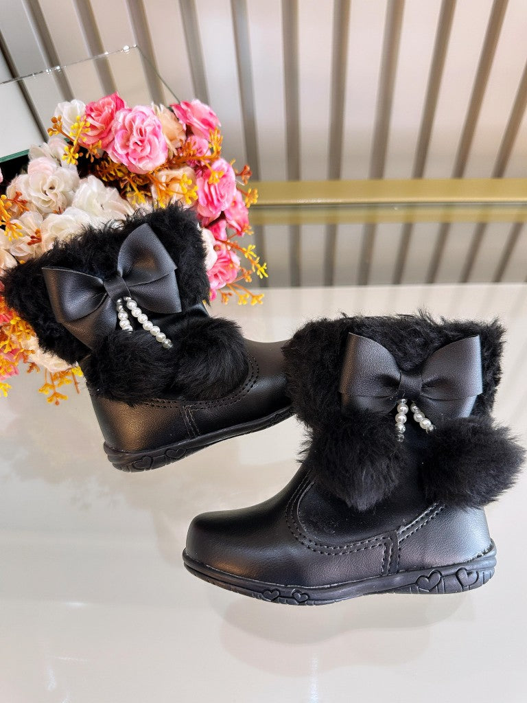 Botines de lujo para niños con lazo y pompón negros y cremallera 