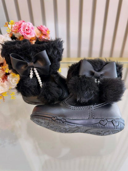 Botines de lujo para niños con lazo y pompón negros y cremallera 