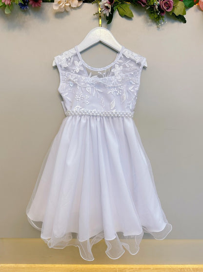 Vestido infantil blanco con volantes y encaje para fiestas de damas de honor