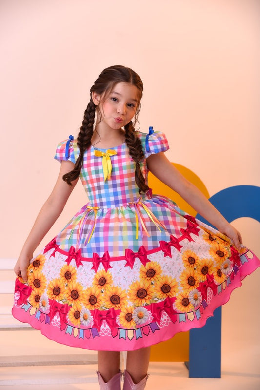 Vestido infantil de junio de lujo con estampado de girasoles a cuadros coloridos