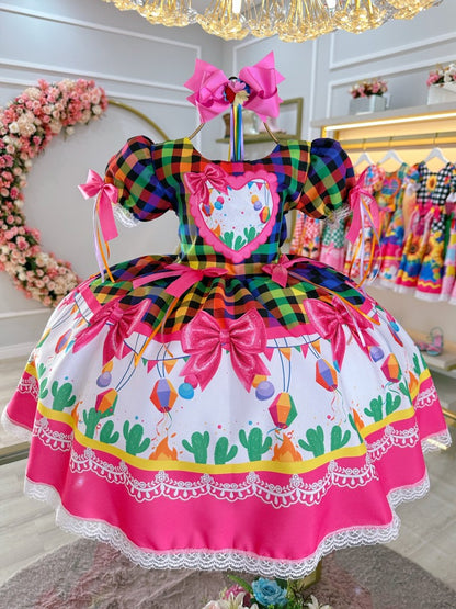 Vestido infantil Junino Caipira Folia con globos a cuadros de colores