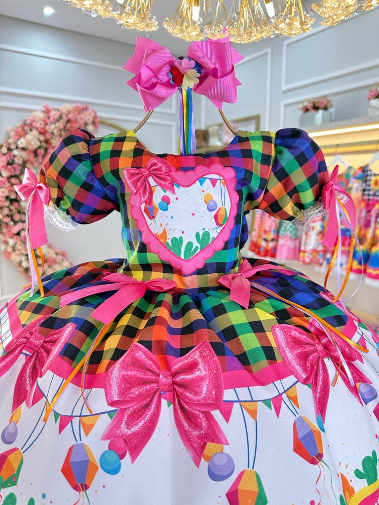 Vestido infantil Junino Caipira Folia con globos a cuadros de colores