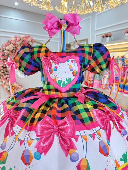 Vestido infantil Junino Caipira Folia con globos a cuadros de colores