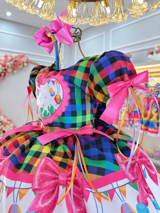 Vestido infantil Junino Caipira Folia con globos a cuadros de colores