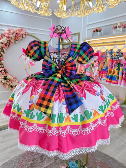Vestido infantil Junino Caipira Folia con globos a cuadros de colores