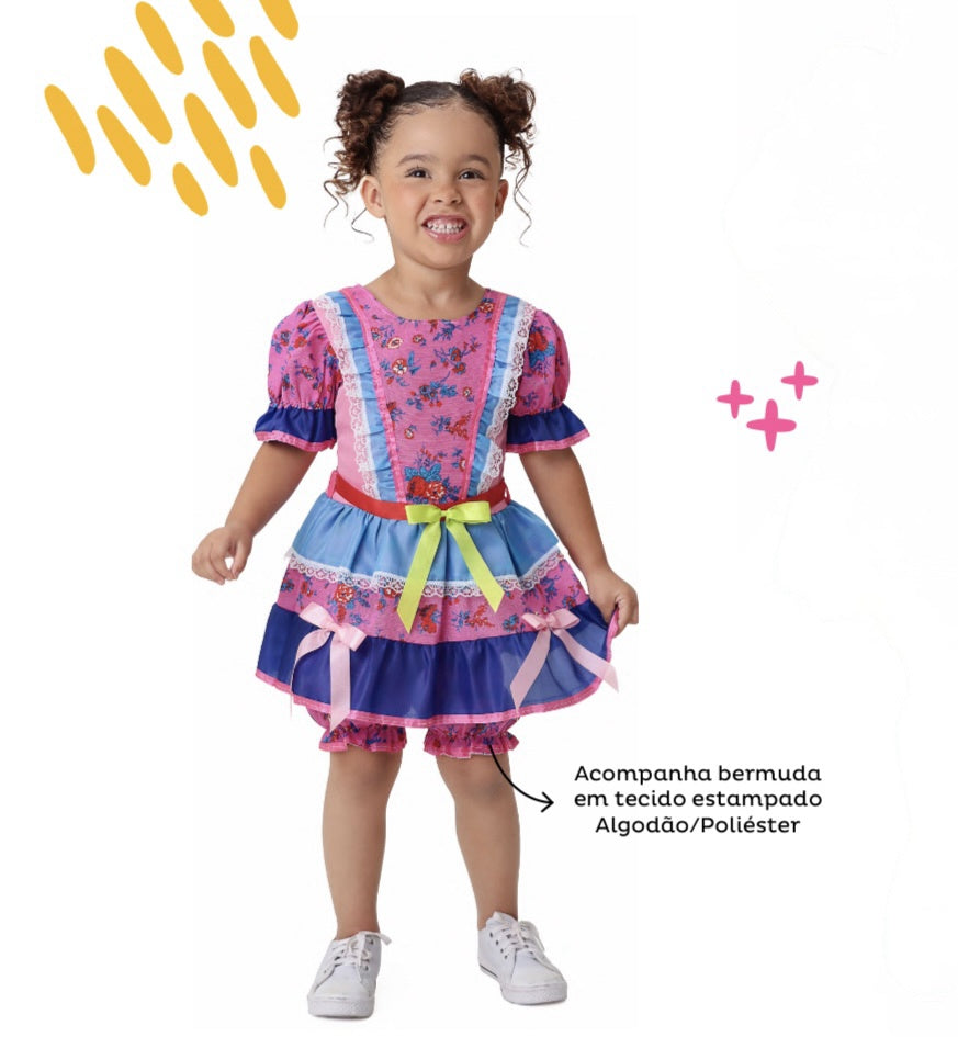 Disfraz infantil de junio con flores de colores rosa y azul 
