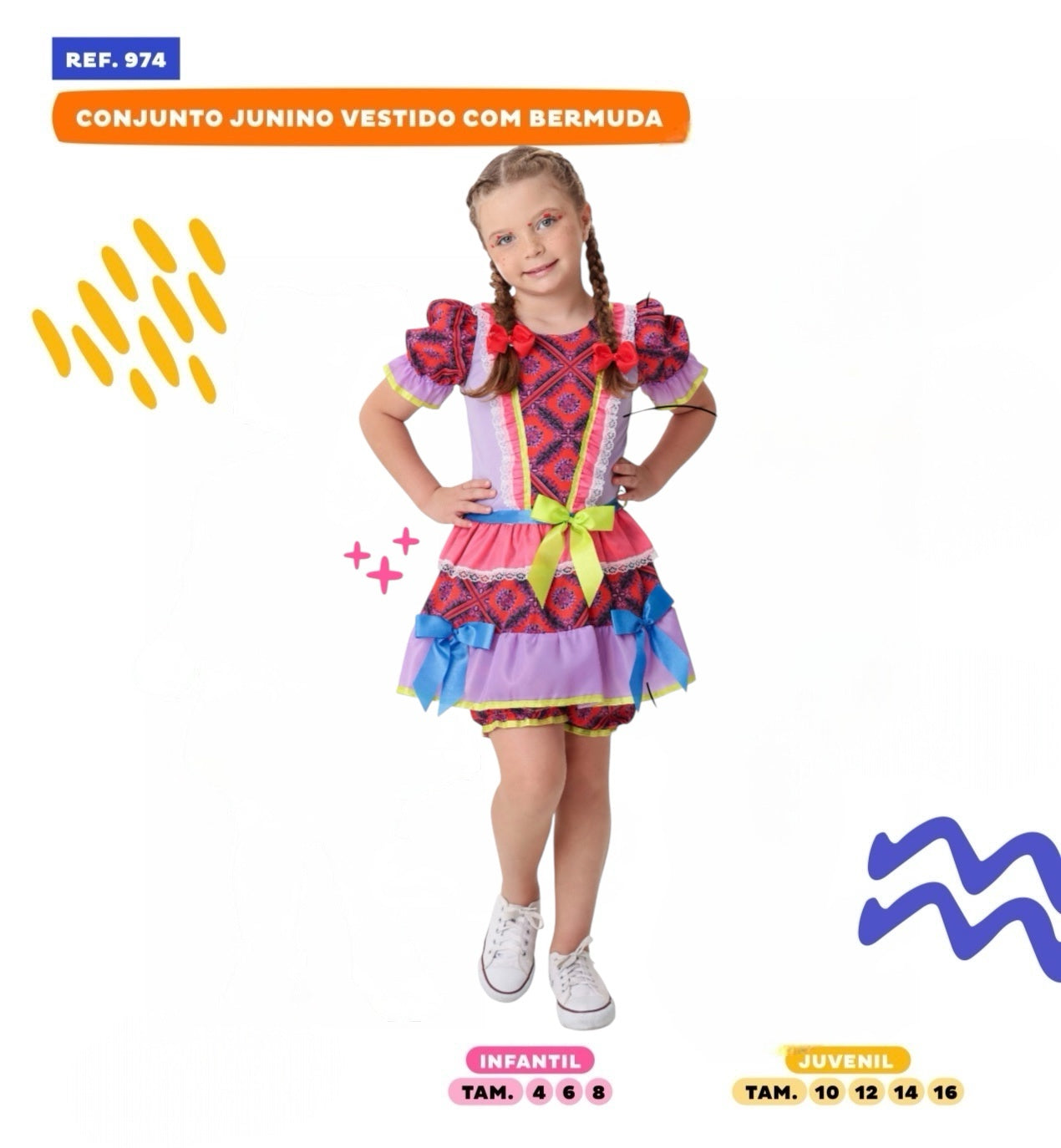 Vestido infantil de junio rojo y lila con flores de colores 