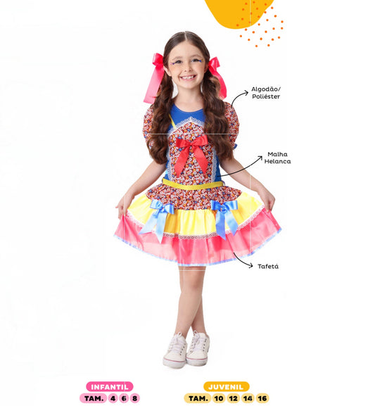 Disfraz infantil de junio rojo y azul con flores de colores 