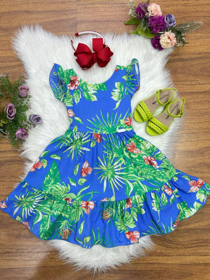 Vestido infantil casual de primavera azul floral colorido 