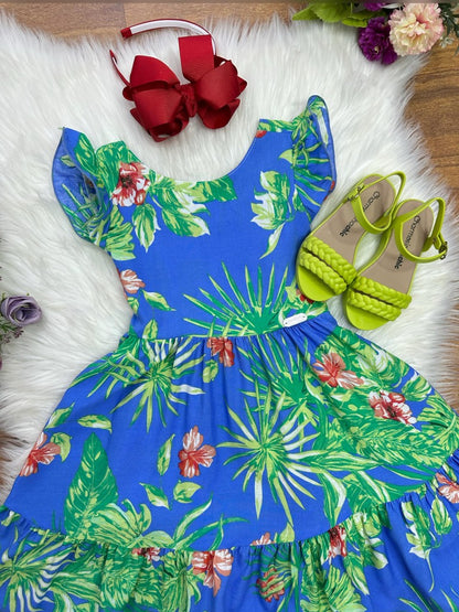 Vestido infantil casual de primavera azul floral colorido 
