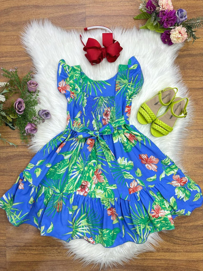 Vestido infantil casual de primavera azul floral colorido 