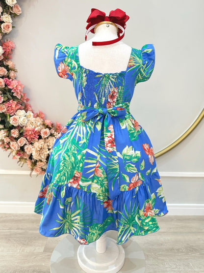 Vestido infantil casual de primavera azul floral colorido 