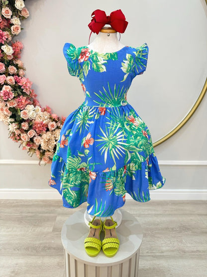 Vestido infantil casual de primavera azul floral colorido 