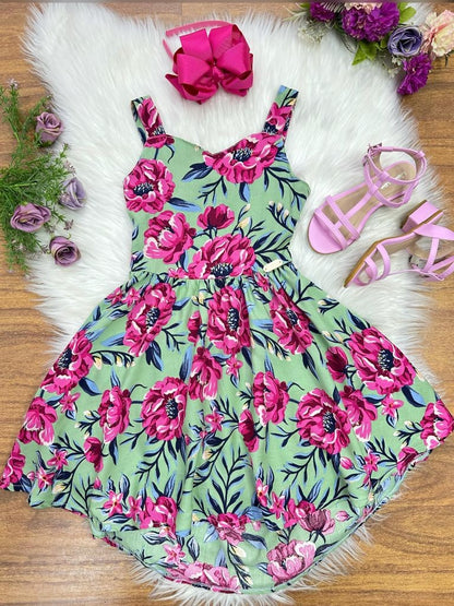 Vestido infantil informal de primavera y verano con estampado floral verde y colorido 