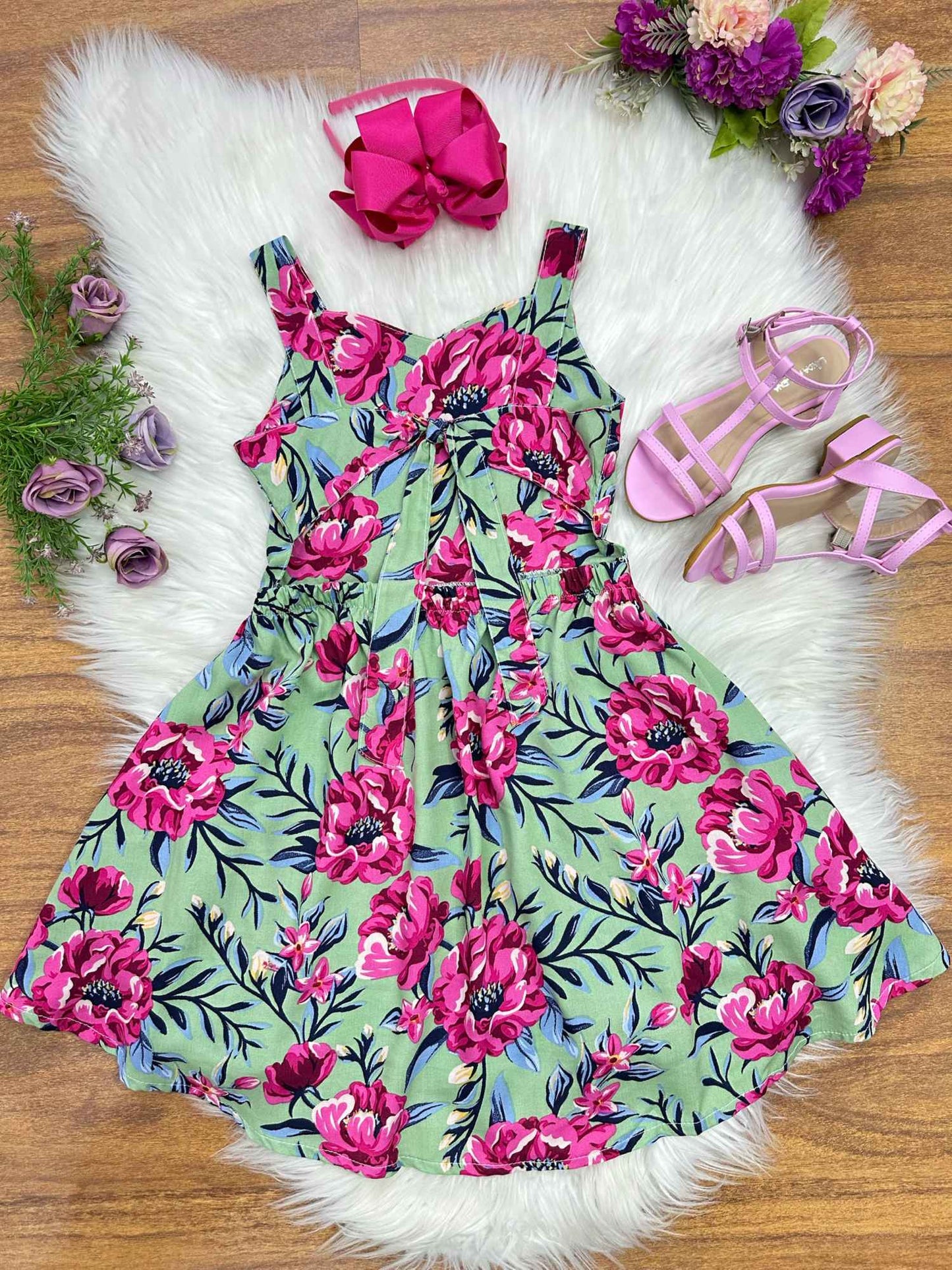 Vestido Infantil Casual Primavera Verão Verde Florido Colorido