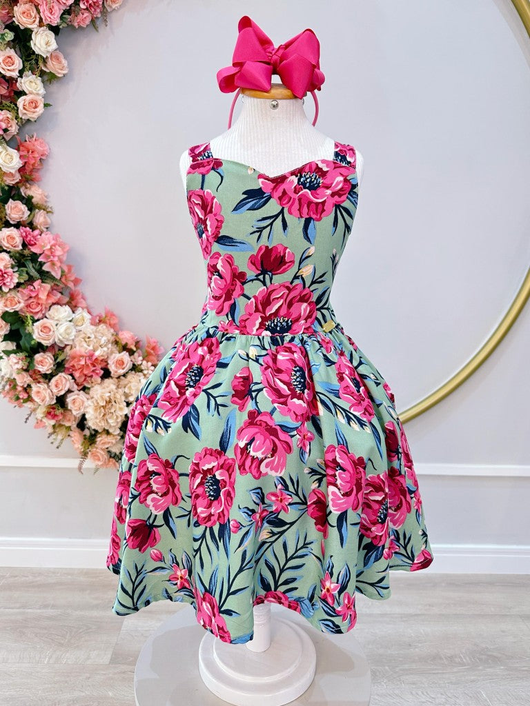 Vestido Infantil Casual Primavera Verão Verde Florido Colorido