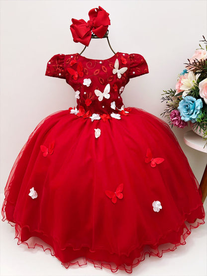 Vestido infantil rojo con apliques de encaje, flores y mariposas