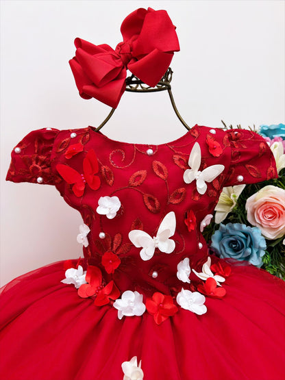 Vestido infantil rojo con apliques de encaje, flores y mariposas