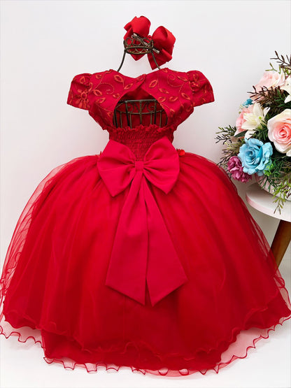 Vestido infantil rojo con apliques de encaje, flores y mariposas