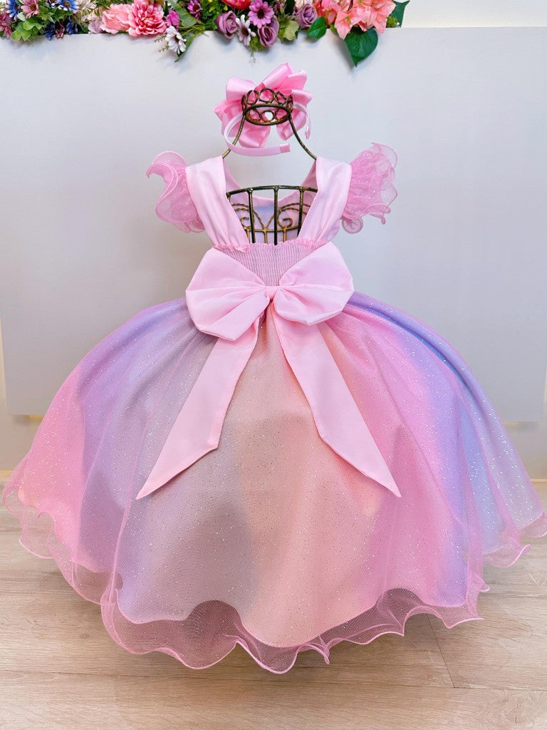 Vestido Infantil Lilo Stitch e Angel Rosa Saia Colorida