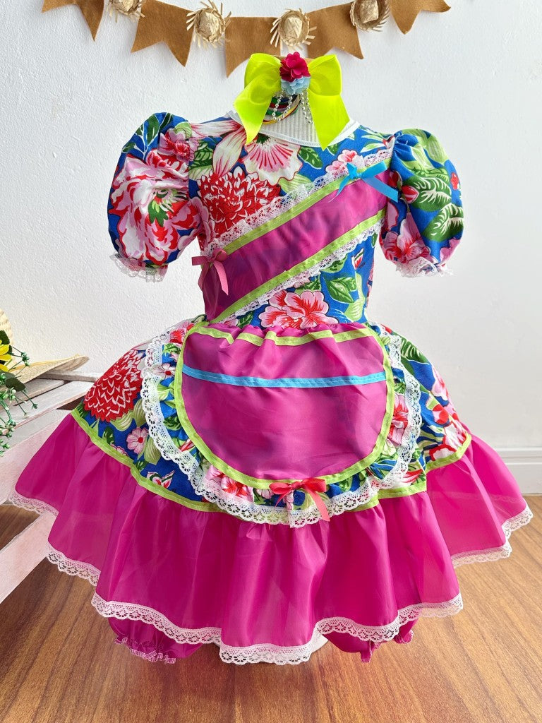 Vestido infantil Junino Caipira azul con flores de colores 