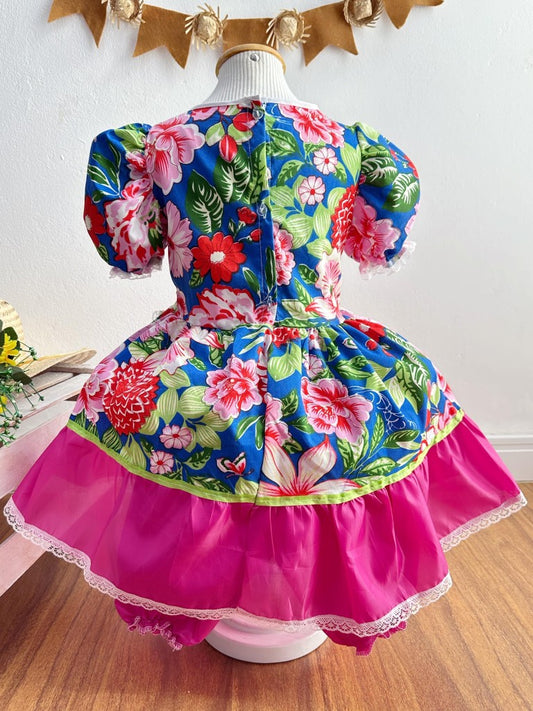 Vestido infantil Junino Caipira azul con flores de colores 