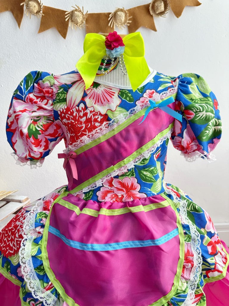 Vestido infantil Junino Caipira azul con flores de colores 
