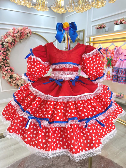 Vestido Junino Arraiá Infantil Rojo con Diseño de Corazones