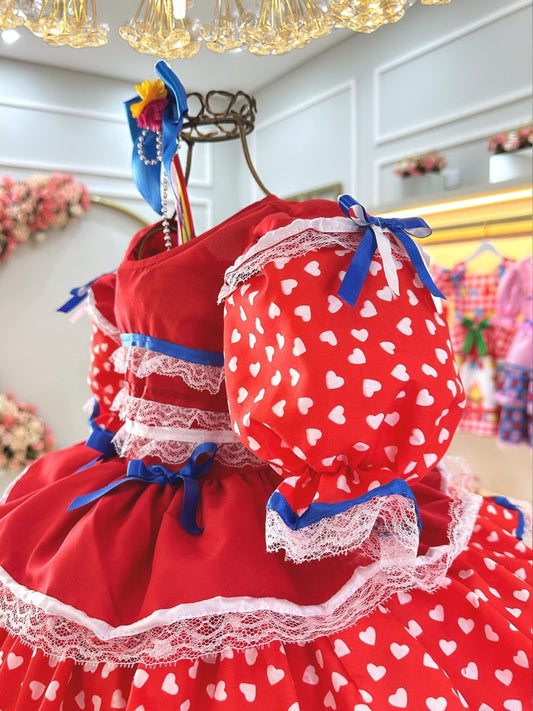 Vestido Junino Arraiá Infantil Rojo con Diseño de Corazones
