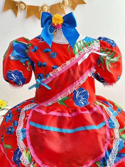 Vestido de fiesta infantil de junio rojo con flores de colores 