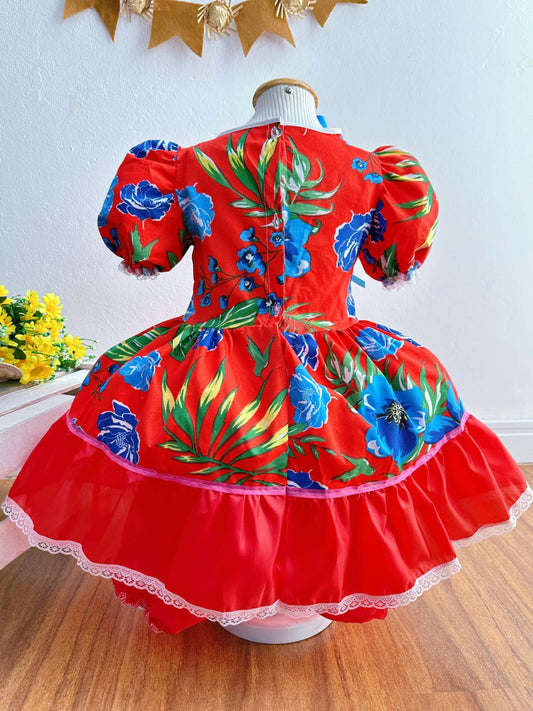 Vestido de fiesta infantil de junio rojo con flores de colores 