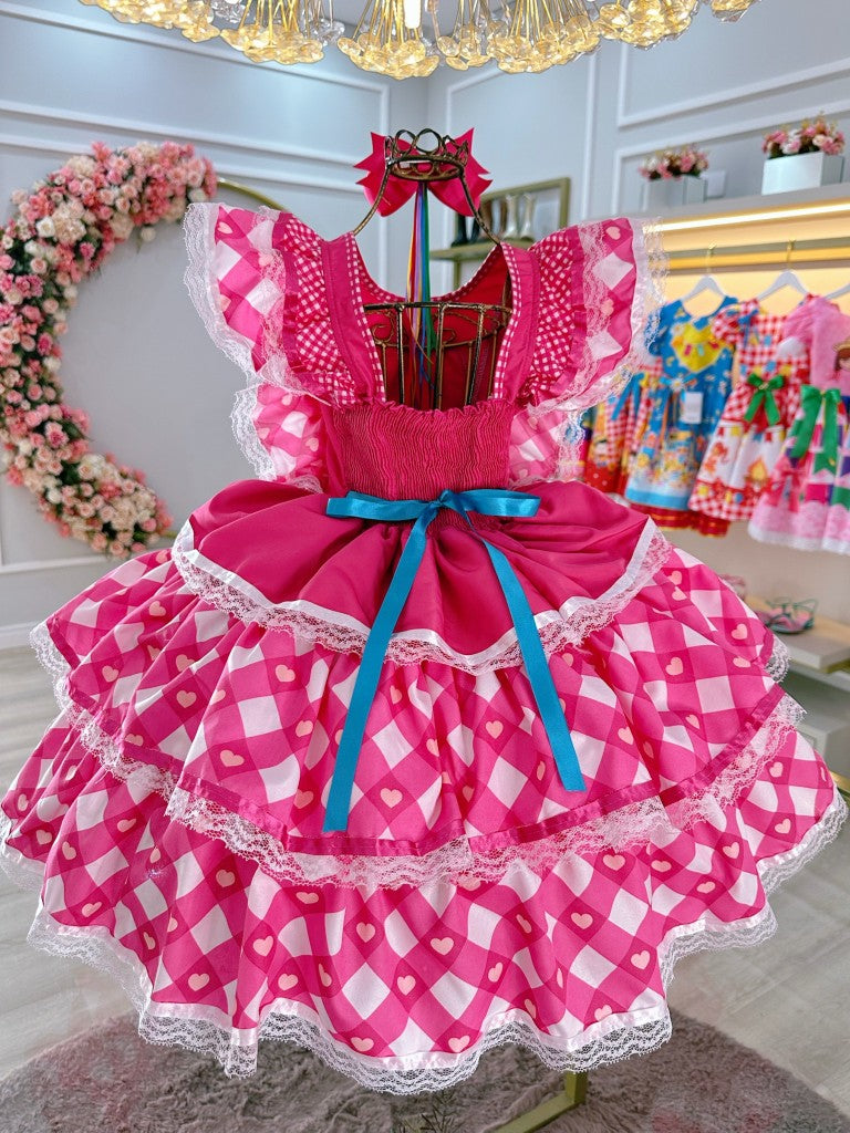 Vestido infantil caipira Junino rosa con diseño de corazones