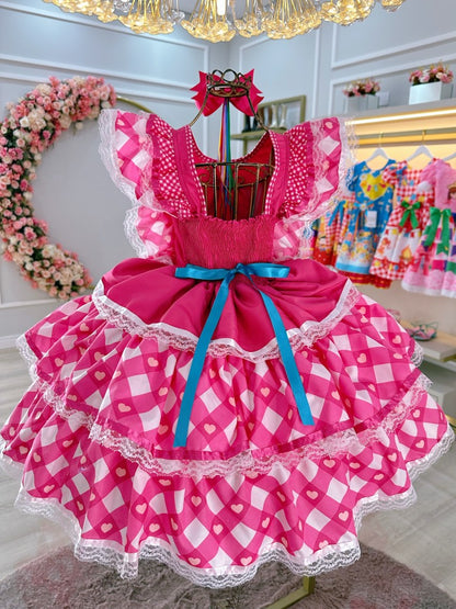 Vestido infantil caipira Junino rosa con diseño de corazones