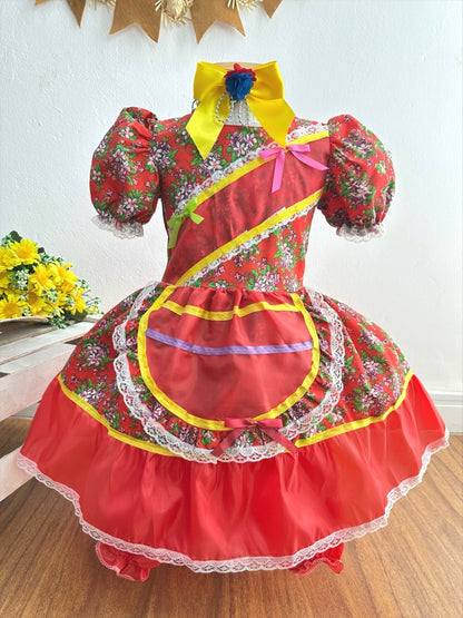 Vestido infantil campestre Junino rojo con flores de colores