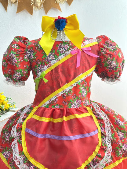 Vestido infantil campestre Junino rojo con flores de colores