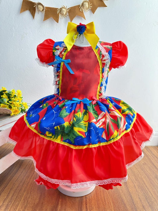 Vestido infantil Junino Caipira azul con flores de colores 