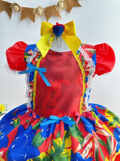Vestido infantil Junino Caipira azul con flores de colores 