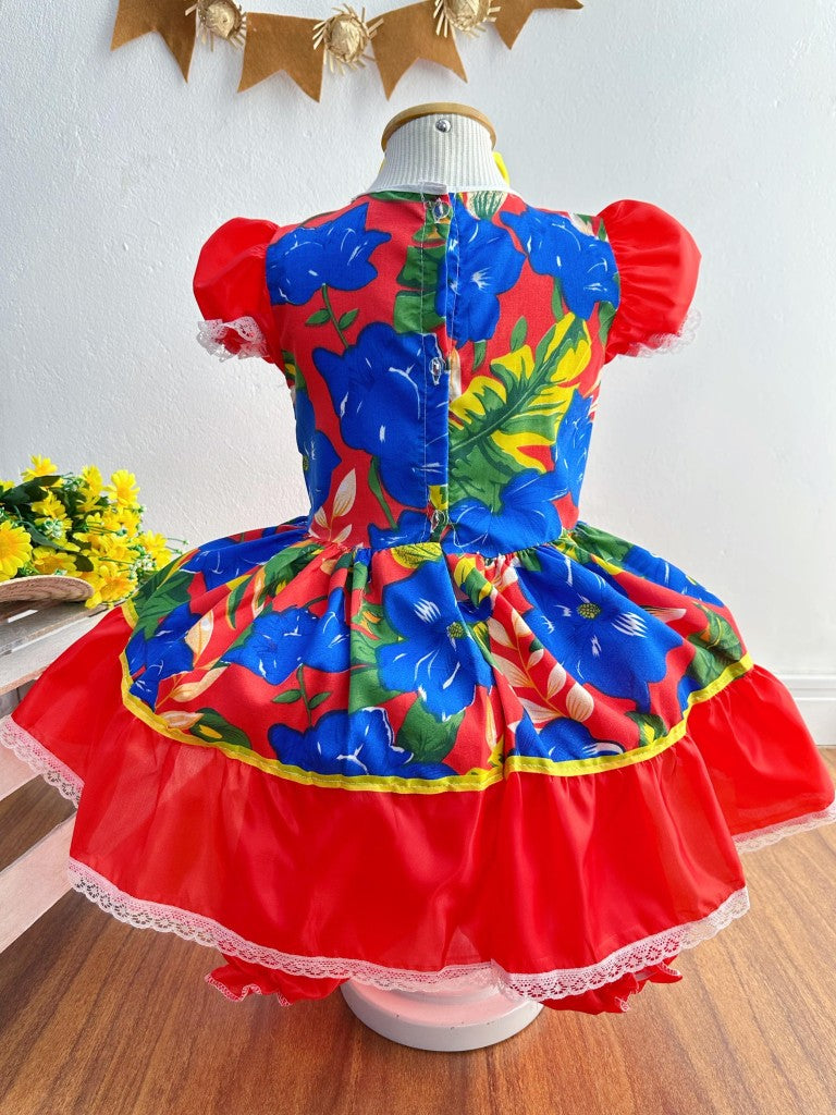 Vestido infantil Junino Caipira azul con flores de colores 