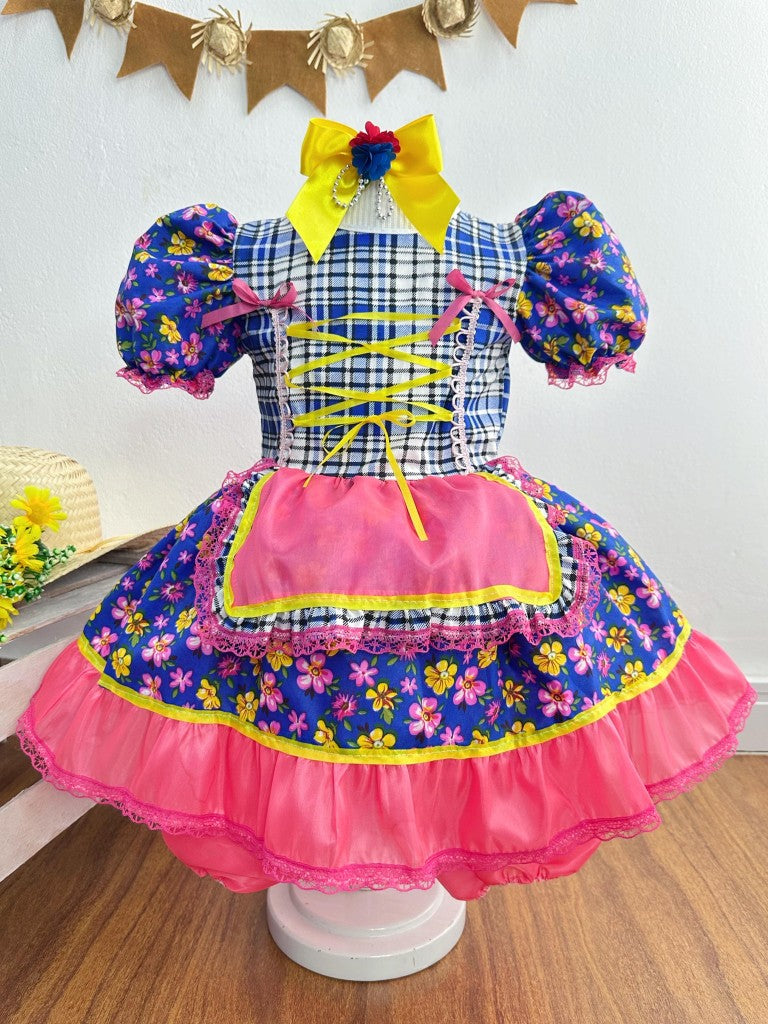 Vestido infantil Junino Caipira con flores de colores azules 