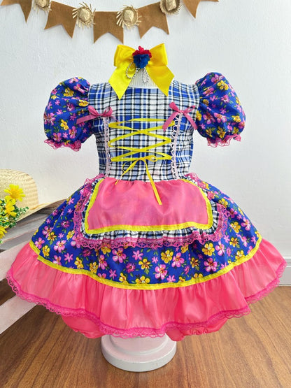 Vestido infantil Junino Caipira con flores de colores azules 