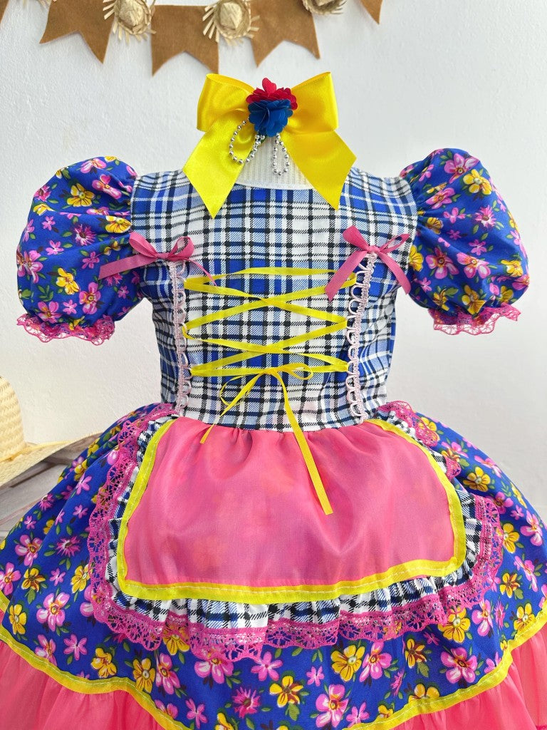 Vestido infantil Junino Caipira con flores de colores azules 