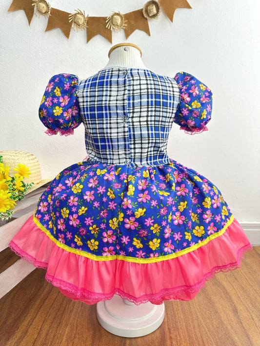 Vestido infantil Junino Caipira con flores de colores azules 