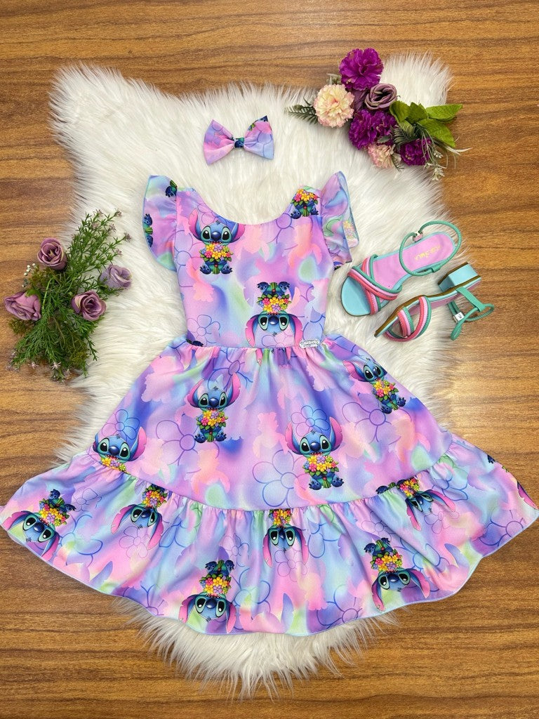 Vestido infantil de Lilo Stitch y Ángel con lazo lila colorido