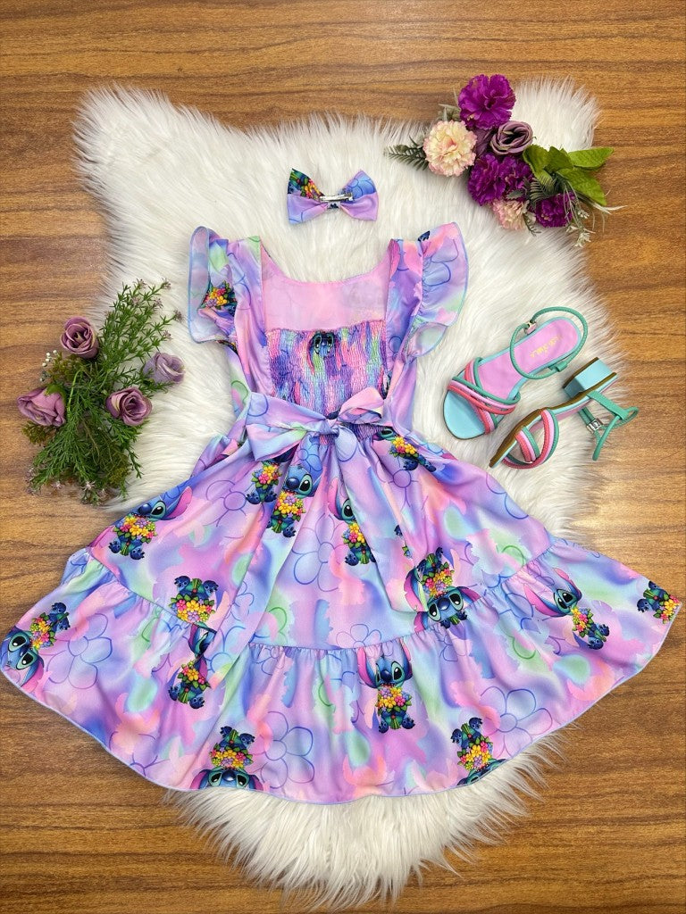 Vestido infantil de Lilo Stitch y Ángel con lazo lila colorido