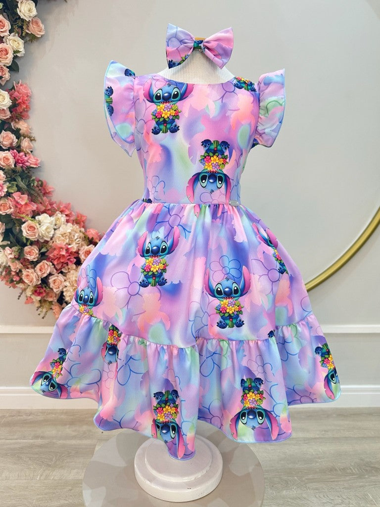Vestido infantil de Lilo Stitch y Ángel con lazo lila colorido