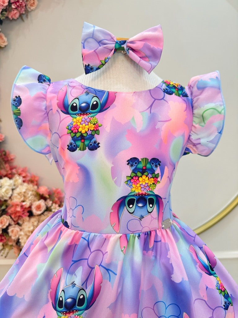 Vestido infantil de Lilo Stitch y Ángel con lazo lila colorido