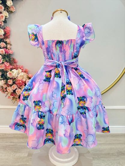 Vestido infantil de Lilo Stitch y Ángel con lazo lila colorido