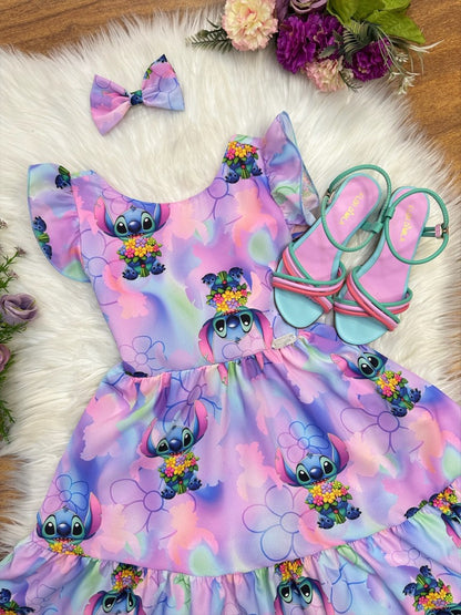 Vestido infantil de Lilo Stitch y Ángel con lazo lila colorido