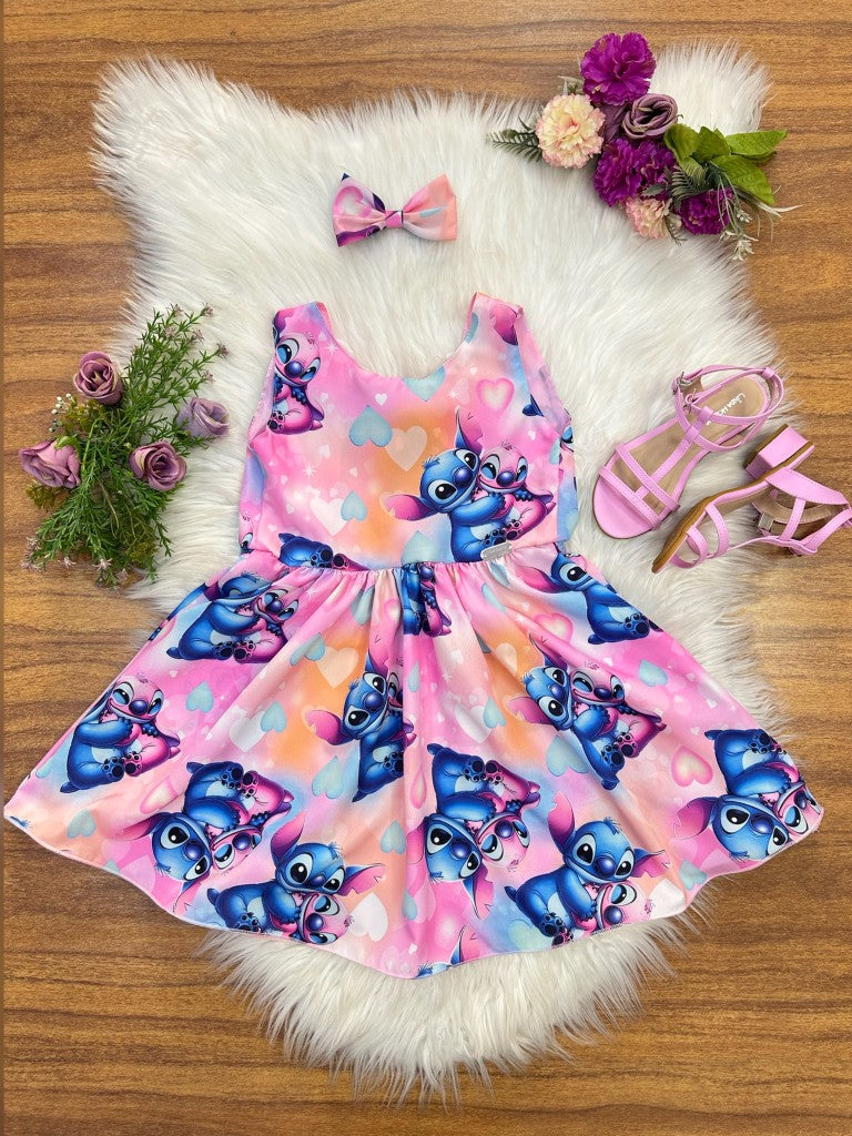 Vestido infantil rosa colorido con lazo de Lilo Stitch y Angel