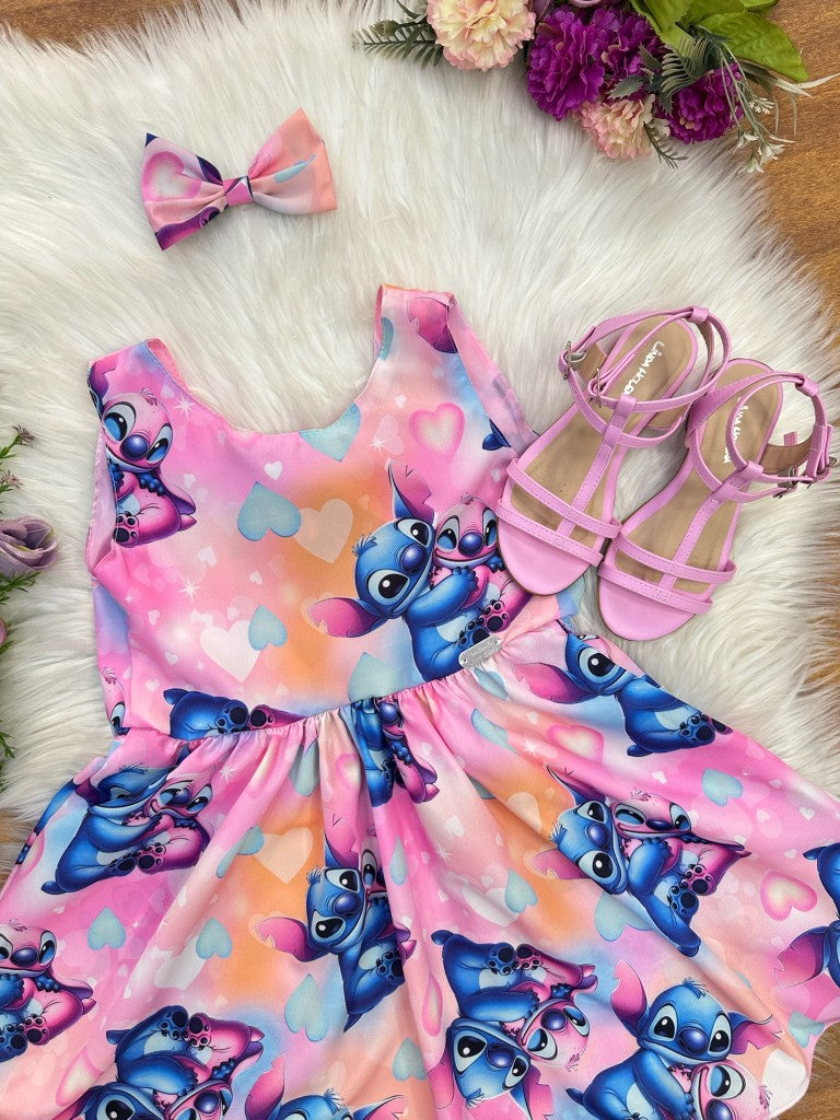 Vestido infantil rosa colorido con lazo de Lilo Stitch y Angel